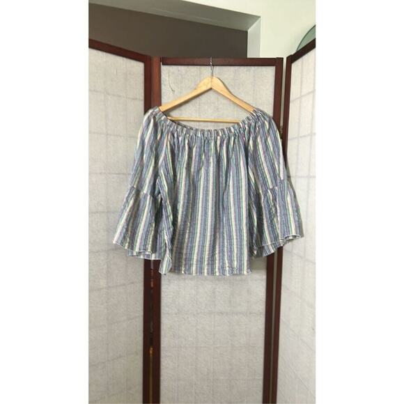See by Chloe Womens Off-The-Shouder Striped Seersucker Blouse 40‎ - Picture 1 of 6